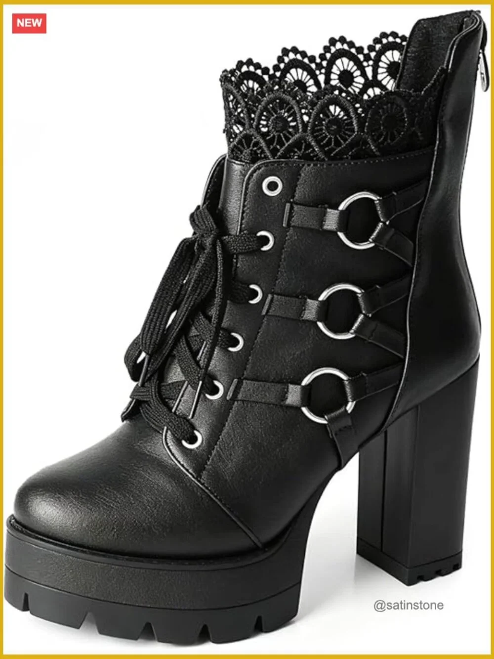 Chunky Heel Lace Up Ankle Boots with Zipper Round Toe Goth Punk Platform Booties - Picture 1 of 7